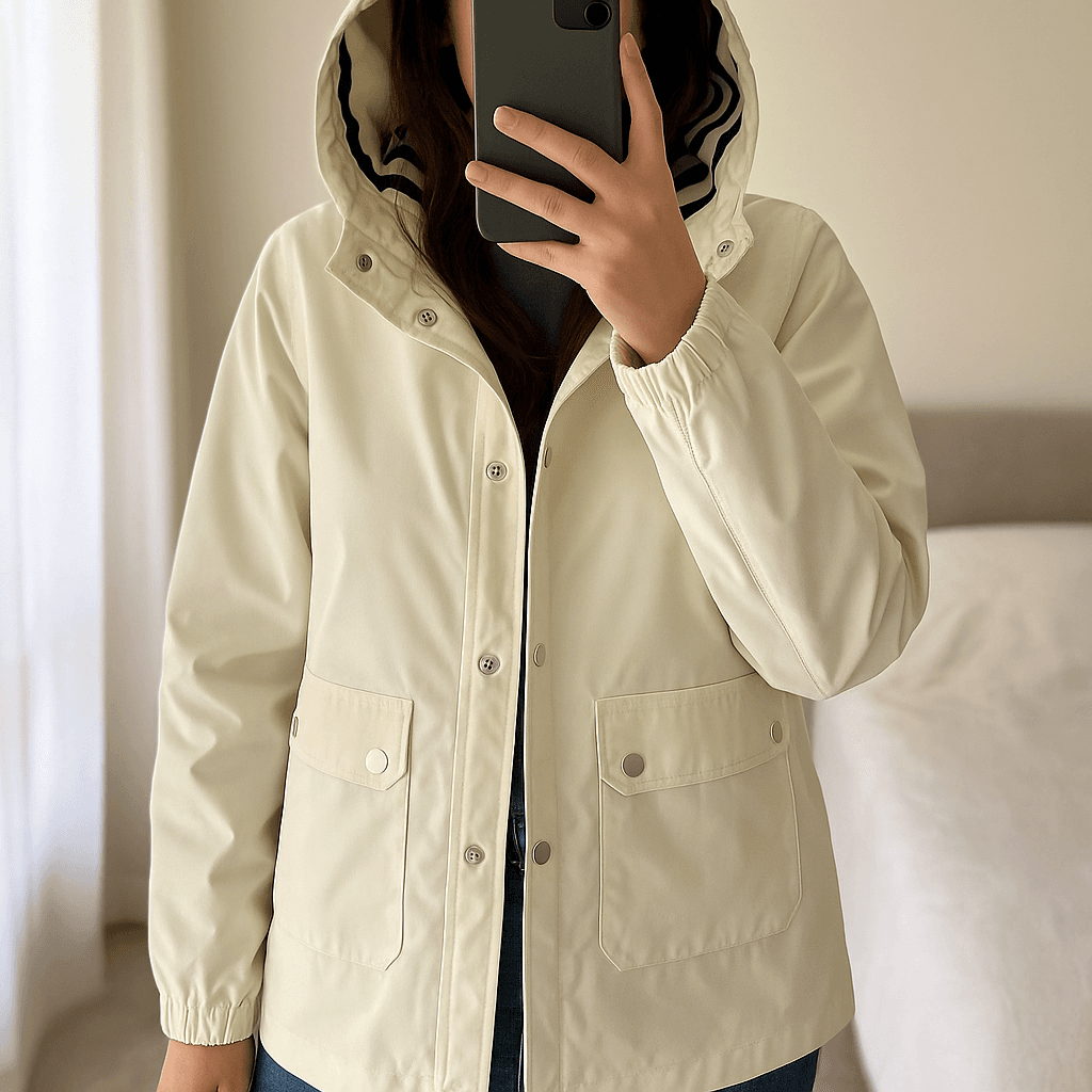 Imperméable JBC debout, face à la caméra, dans une chambre à la lumière douce, avec une lumière naturelle filtrant par la fenêtre.