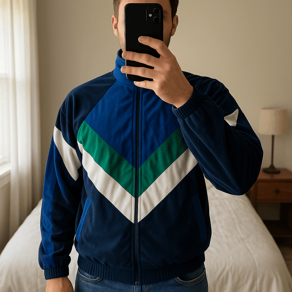 Veste zippée Vintage Homme Taille M debout, face à la caméra, dans une chambre à la lumière douce, avec une lumière naturelle filtrant par la fenêtre.