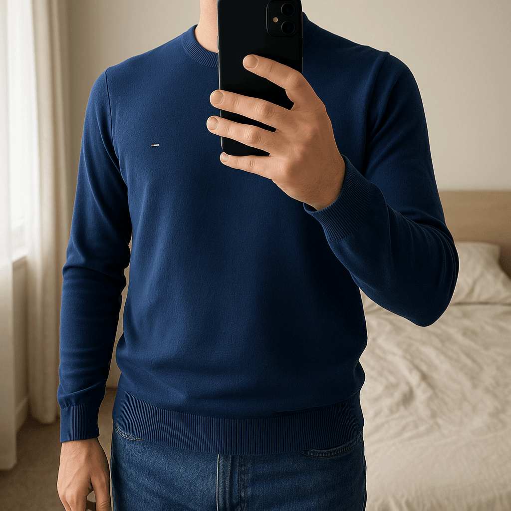 Pull Col Rond 100% Coton Tommy Hilfiger Bleu Marine M debout, face à la caméra, dans une chambre à la lumière douce, avec une lumière naturelle filtrant par la fenêtre.