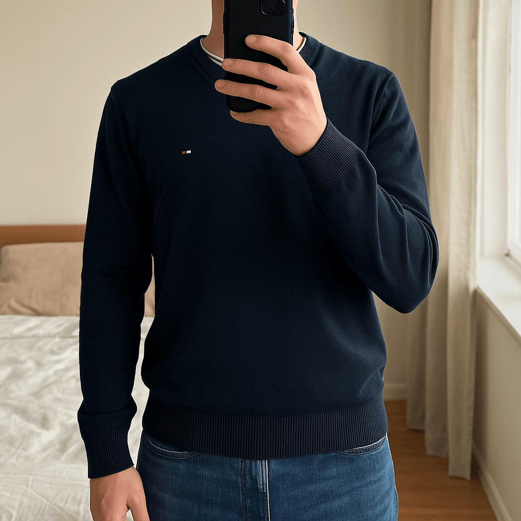 Pull Col V Cachemire et Coton Tommy Hilfiger Bleu Marine M debout, face à la caméra, dans une chambre à la lumière douce, avec une lumière naturelle filtrant par la fenêtre.
