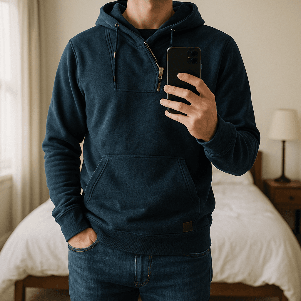 👕 Sweat à capuche bleu marine – D26 by Cedarwood State – Taille M debout, face à la caméra, dans une chambre à la lumière douce, avec une lumière naturelle filtrant par la fenêtre.