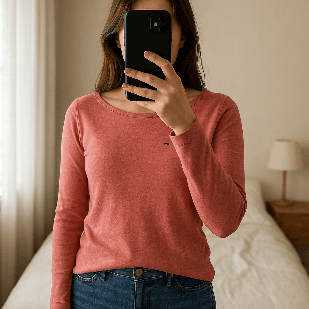 Pull Col Rond Tommy Hilfiger Denim Rose S debout, face à la caméra, dans une chambre à la lumière douce, avec une lumière naturelle filtrant par la fenêtre.
