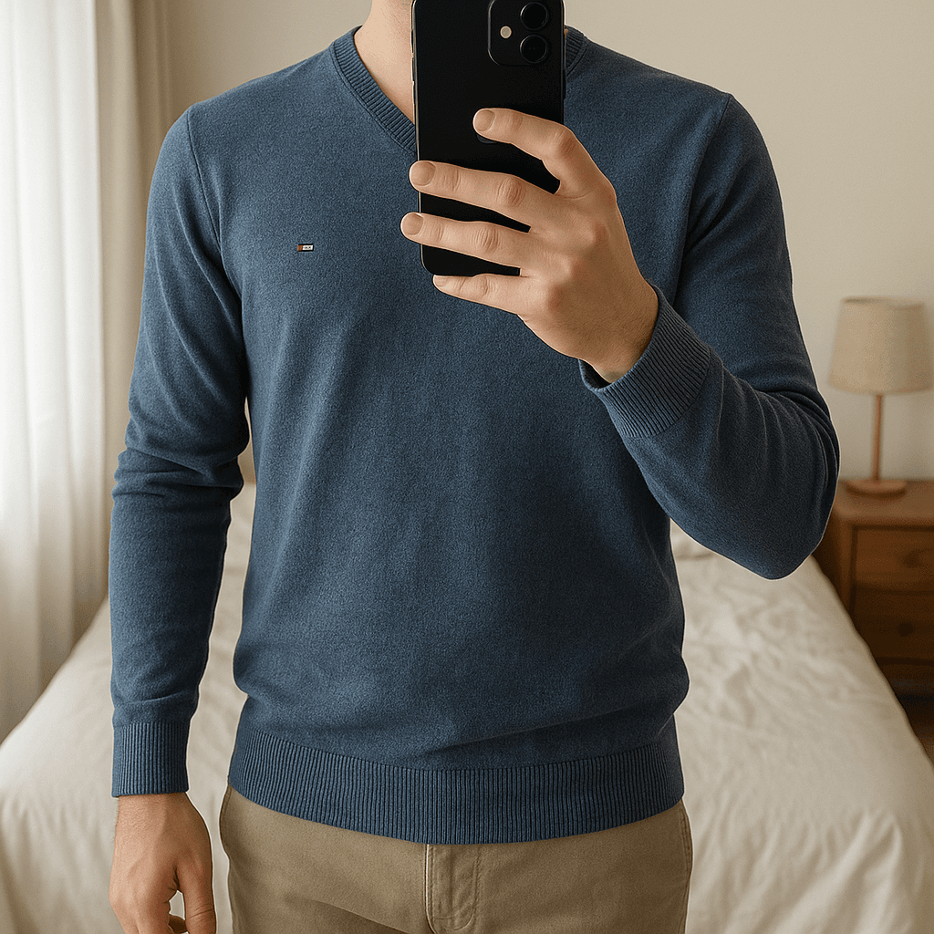 Pull Col V 100% Coton Tommy Hilfiger Bleu M debout, face à la caméra, dans une chambre à la lumière douce, avec une lumière naturelle filtrant par la fenêtre.
