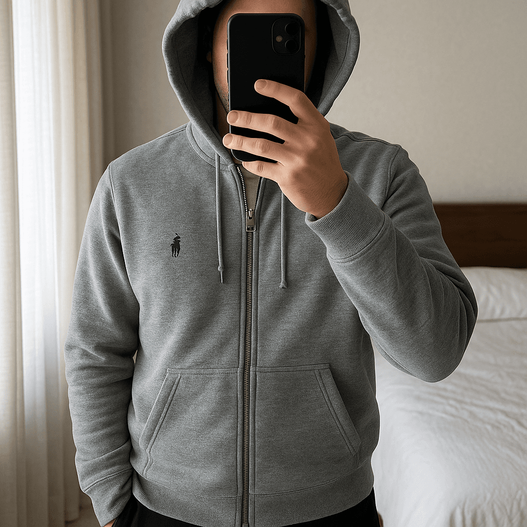 Pull Zip à capuche Ralph Lauren Gris - Taille XXS debout, face à la caméra, dans une chambre à la lumière douce, avec une lumière naturelle filtrant par la fenêtre.