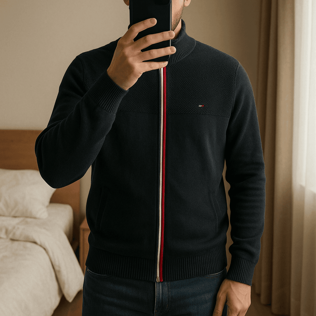 ilet Tommy Hilfiger Homme – Bleu marine – Taille XL debout, face à la caméra, dans une chambre à la lumière douce, avec une lumière naturelle filtrant par la fenêtre.