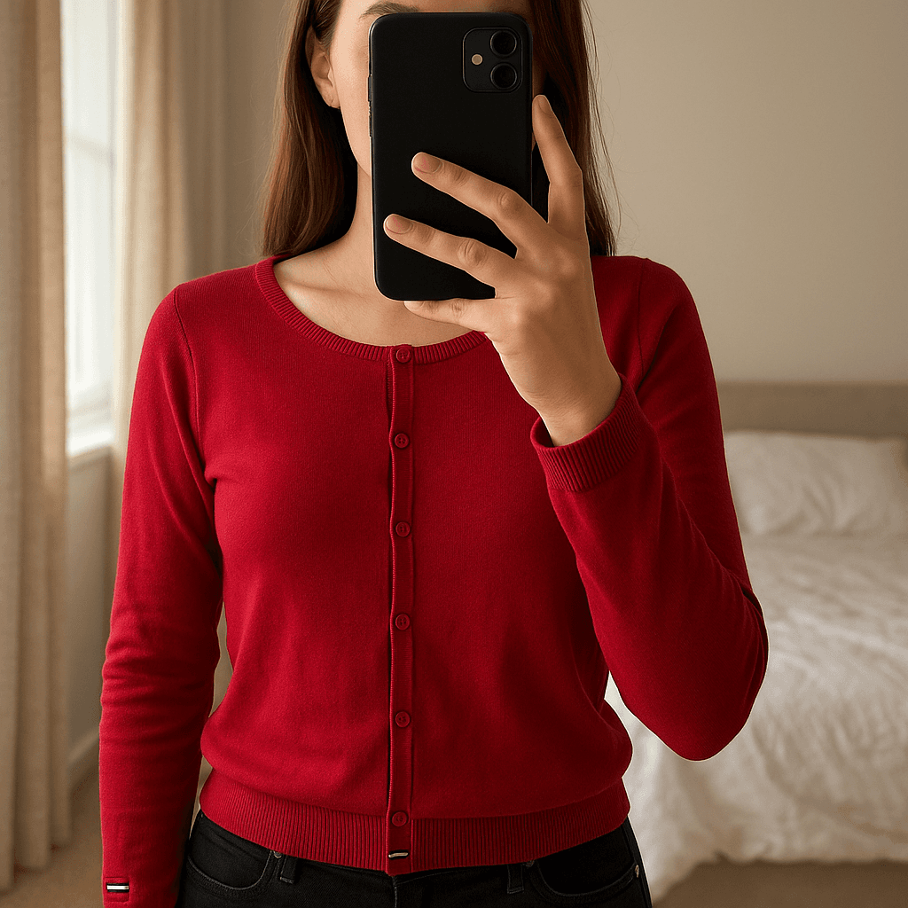 Cardigan Col Rond 100% cotton Tommy Hilfiger Rouge S debout, face à la caméra, dans une chambre à la lumière douce, avec une lumière naturelle filtrant par la fenêtre.
