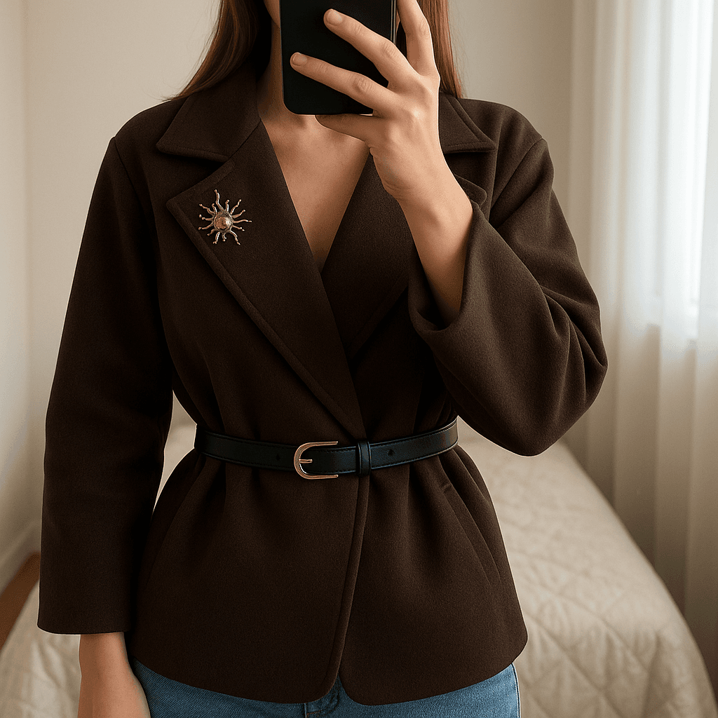 Une personne en Veste femme marron taille unique debout, face à la caméra, avec une silhouette fine, dans une chambre à la lumière douce, avec une lumière naturelle filtrant par la fenêtre.