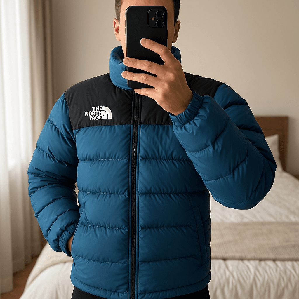 Doudoune The North Face 700 debout, face à la caméra, dans une chambre à la lumière douce, avec une lumière naturelle filtrant par la fenêtre.