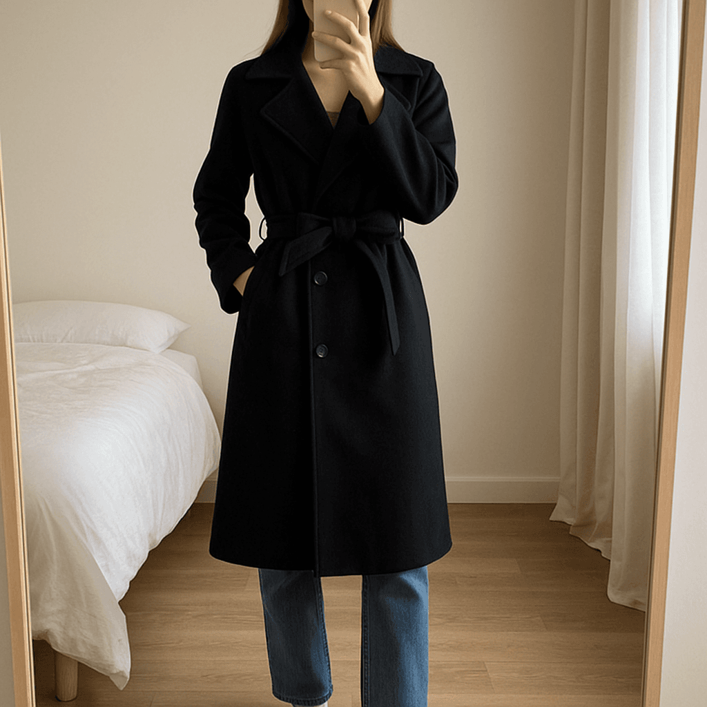 Une personne en Manteau femme long noir tendance debout, face à la caméra, avec une silhouette fine, dans une chambre à la lumière douce, avec une lumière naturelle filtrant par la fenêtre.