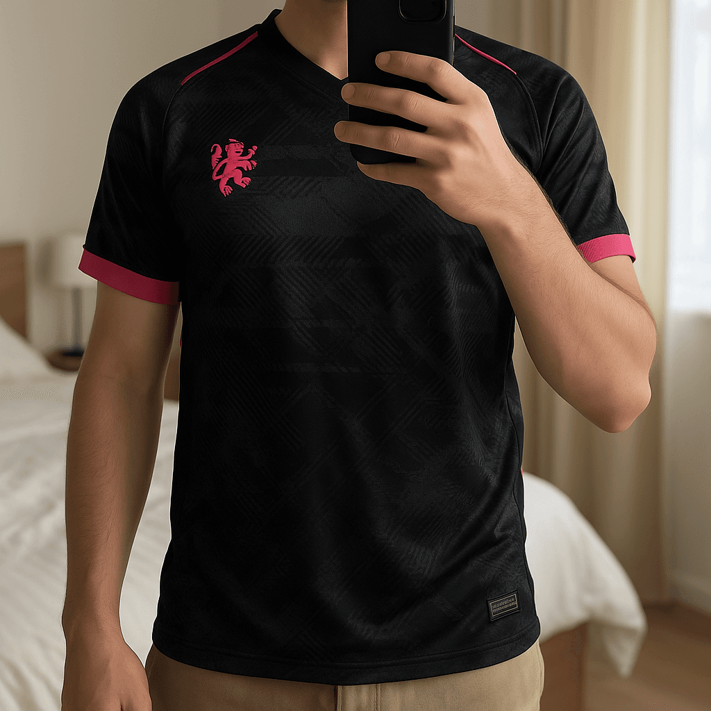 Maillot Chelsea third noir/rose Nike – Taille M – Neuf avec étiquette debout, face à la caméra, dans une chambre à la lumière douce, avec une lumière naturelle filtrant par la fenêtre.