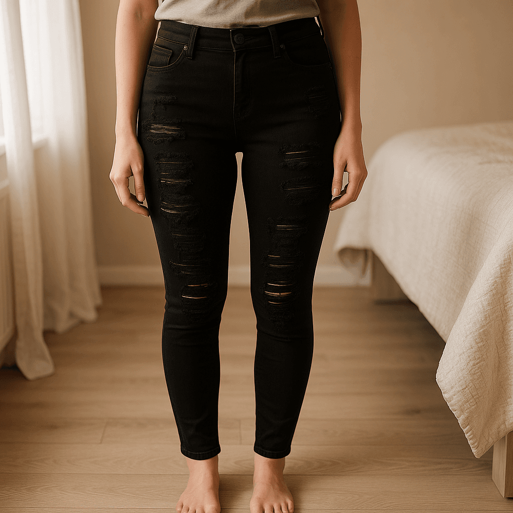 Jeans noir Bootyfit debout, face à la caméra, dans une chambre à la lumière douce, avec une lumière naturelle filtrant par la fenêtre.