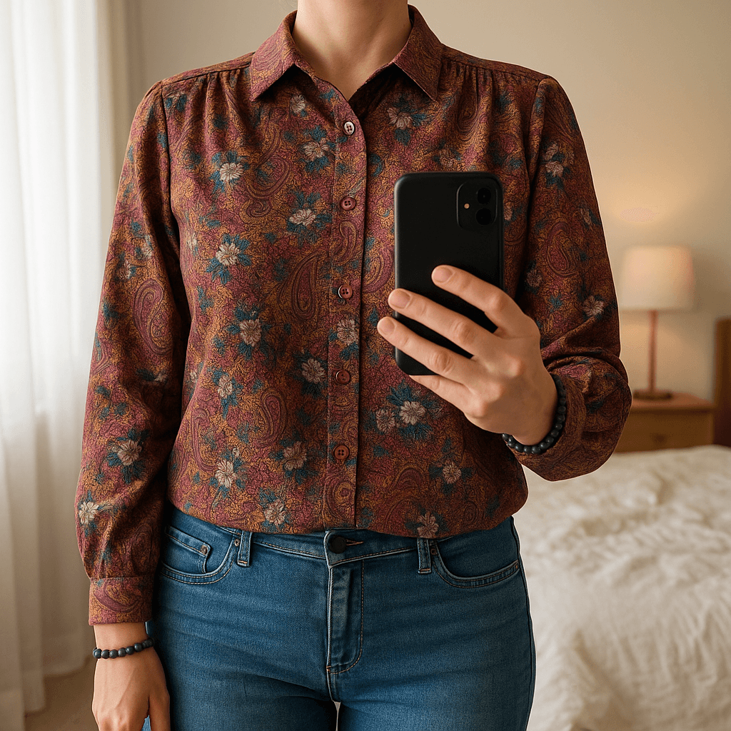 Chemise a fleurs vintage taille L - Vintage LLDS debout, face à la caméra, dans une chambre à la lumière douce, avec une lumière naturelle filtrant par la fenêtre.