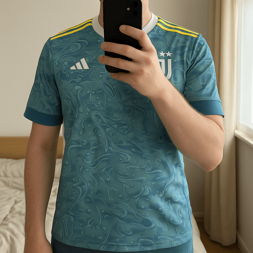 Maillot Juventus extérieur vert adidas – Taille M – Neuf avec étiquette debout, face à la caméra, dans une chambre à la lumière douce, avec une lumière naturelle filtrant par la fenêtre.