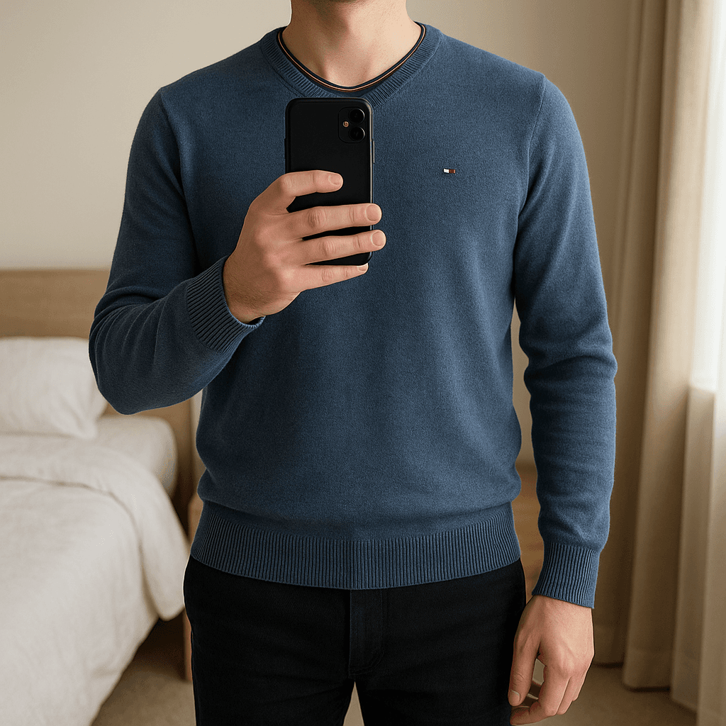 Pull Tommy Hilfiger – Taille XXL debout, face à la caméra, dans une chambre à la lumière douce, avec une lumière naturelle filtrant par la fenêtre.