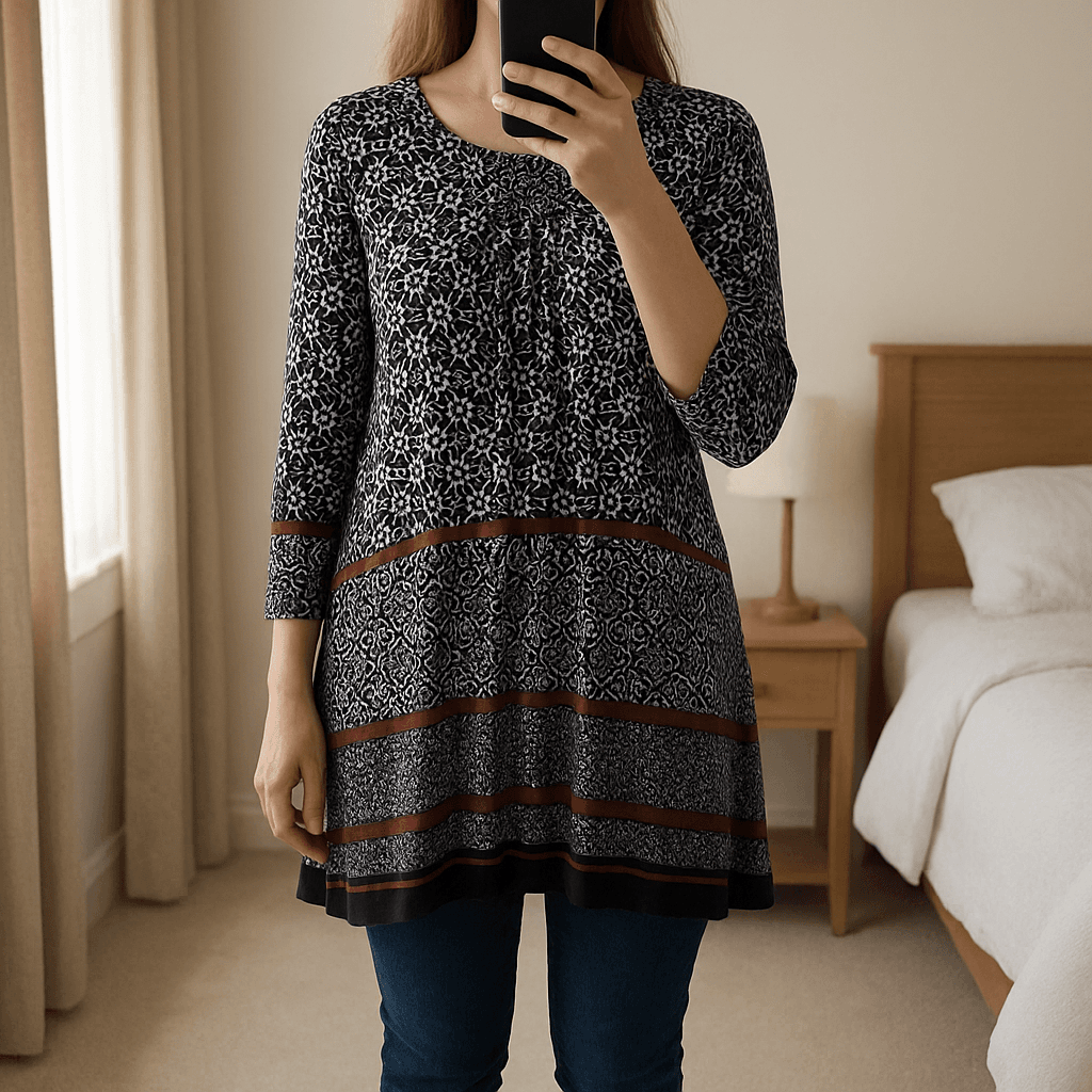 Robe 👗 debout, face à la caméra, dans une chambre à la lumière douce, avec une lumière naturelle filtrant par la fenêtre.