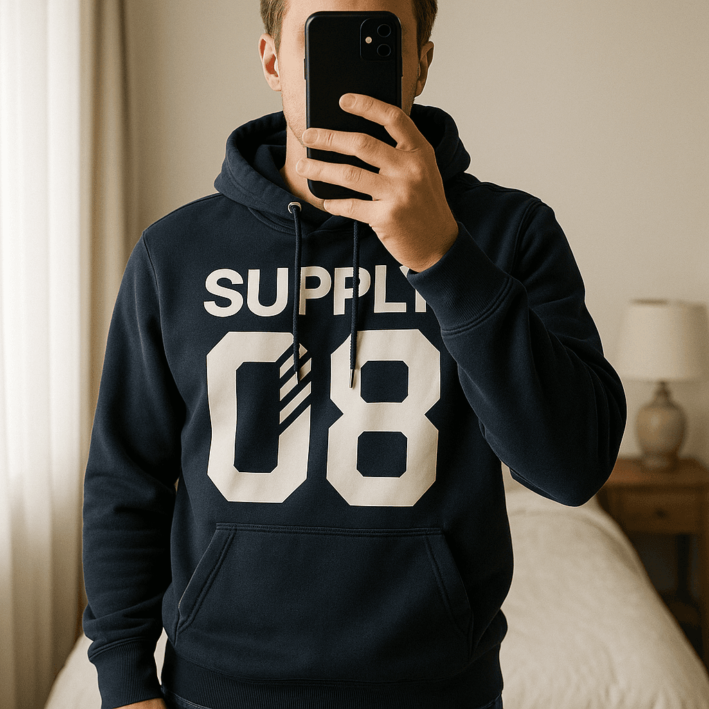 🧥 Sweat à capuche homme Cedar Wood State – Taille L – Bleu marine debout, face à la caméra, dans une chambre à la lumière douce, avec une lumière naturelle filtrant par la fenêtre.