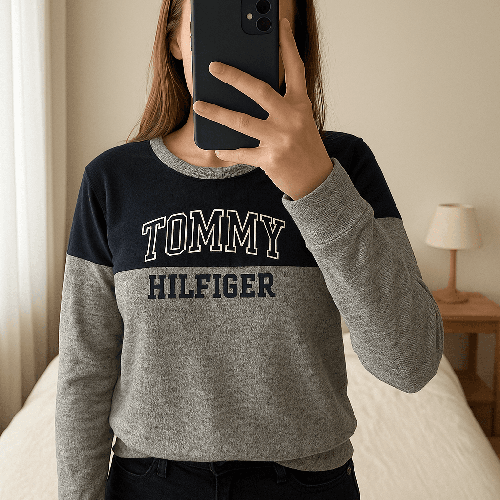 Pull crop top Tommy Hilfiger Femme – Gris – Taille M debout, face à la caméra, dans une chambre à la lumière douce, avec une lumière naturelle filtrant par la fenêtre.