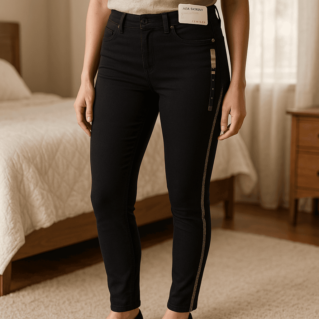 Jean's bande strass Camaïeu debout, face à la caméra, dans une chambre à la lumière douce, avec une lumière naturelle filtrant par la fenêtre.