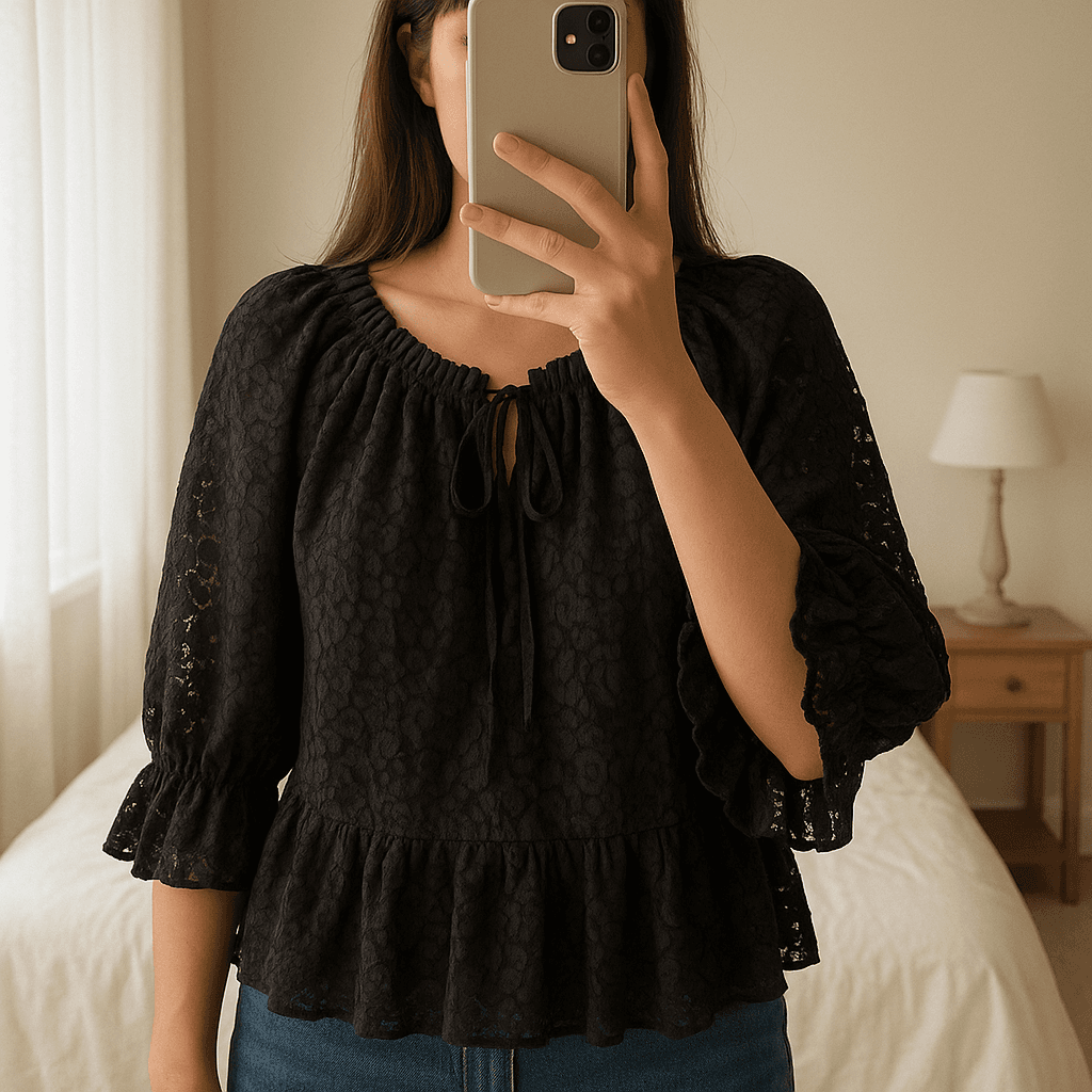 Blouse Dentelle debout, face à la caméra, dans une chambre à la lumière douce, avec une lumière naturelle filtrant par la fenêtre.