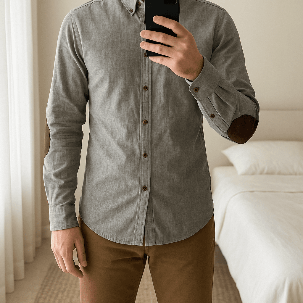 Chemise Zara Man – Slim Fit debout, face à la caméra, dans une chambre à la lumière douce, avec une lumière naturelle filtrant par la fenêtre.