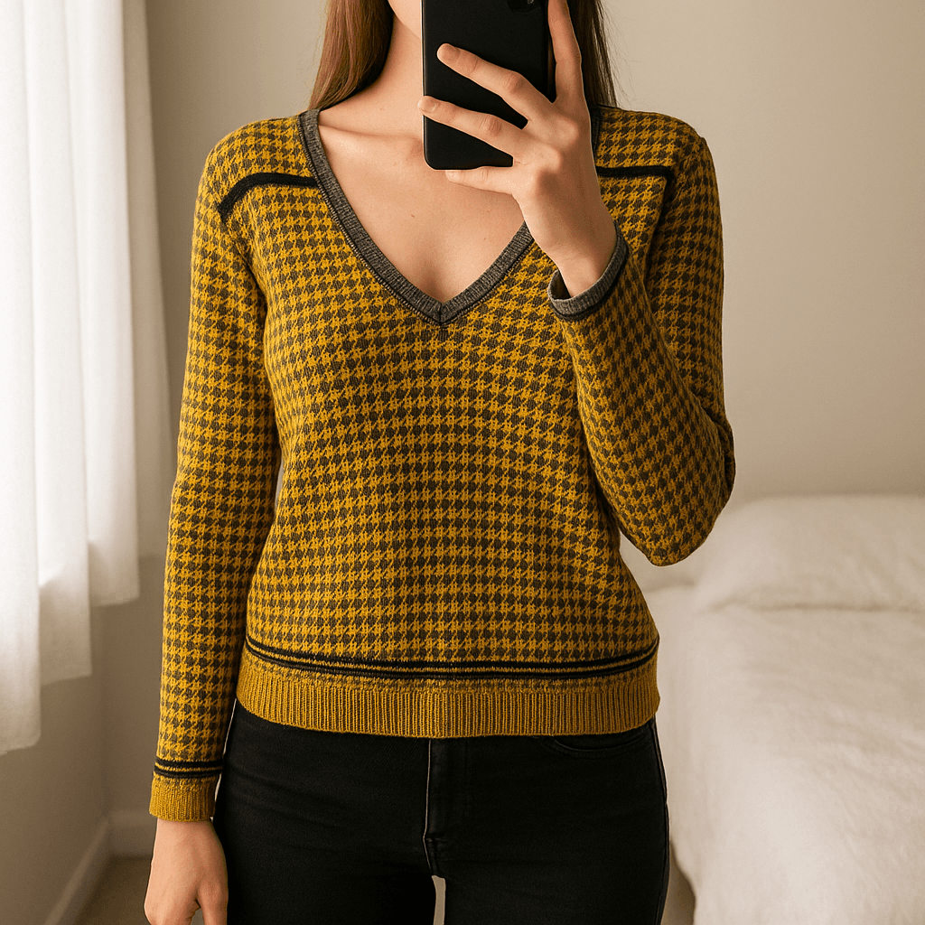 Une personne en Pull jaune imprimé Camaïeu taille S debout, face à la caméra, avec une silhouette fine, dans une chambre à la lumière douce, avec une lumière naturelle filtrant par la fenêtre.