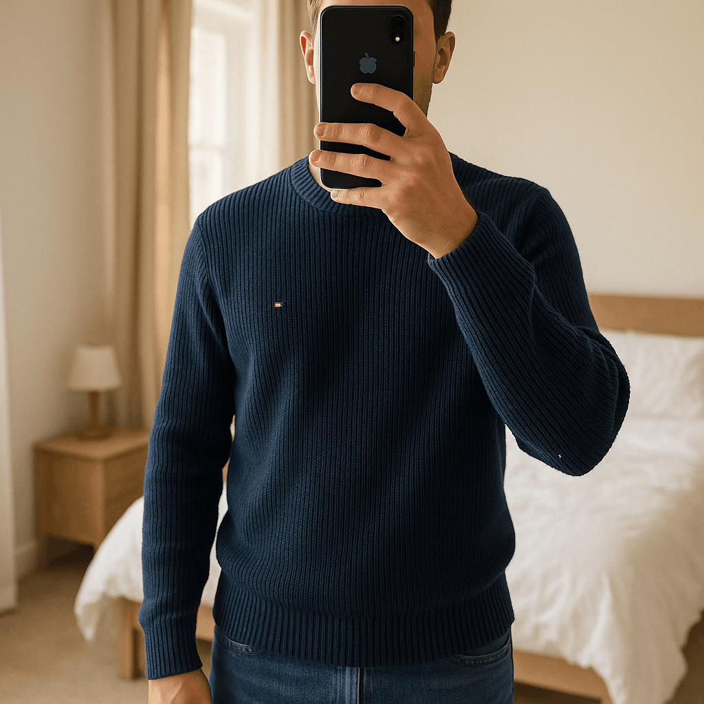 Pull Col Rond en maille 100 % Coton Tommy Hilfiger Bleu Marine S debout, face à la caméra, dans une chambre à la lumière douce, avec une lumière naturelle filtrant par la fenêtre.