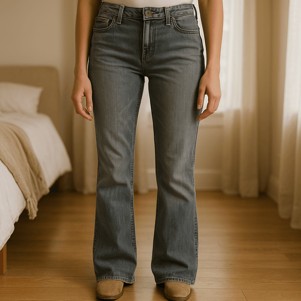 Jean Le Temps des Cerises gris taille 27 neuf sans étiquette debout, face à la caméra, dans une chambre à la lumière douce, avec une lumière naturelle filtrant par la fenêtre.