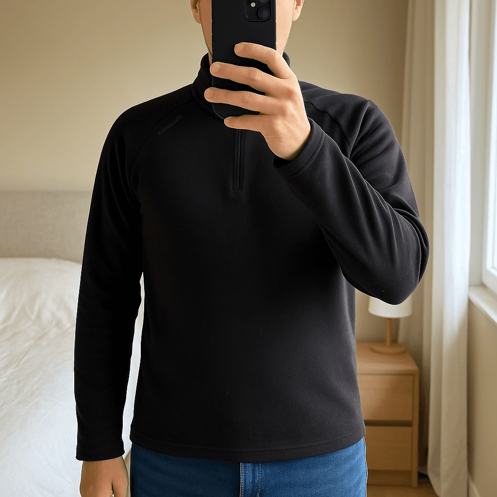 Polaire Quechua noire - Taille XL (convient à L) debout, face à la caméra, dans une chambre à la lumière douce, avec une lumière naturelle filtrant par la fenêtre.