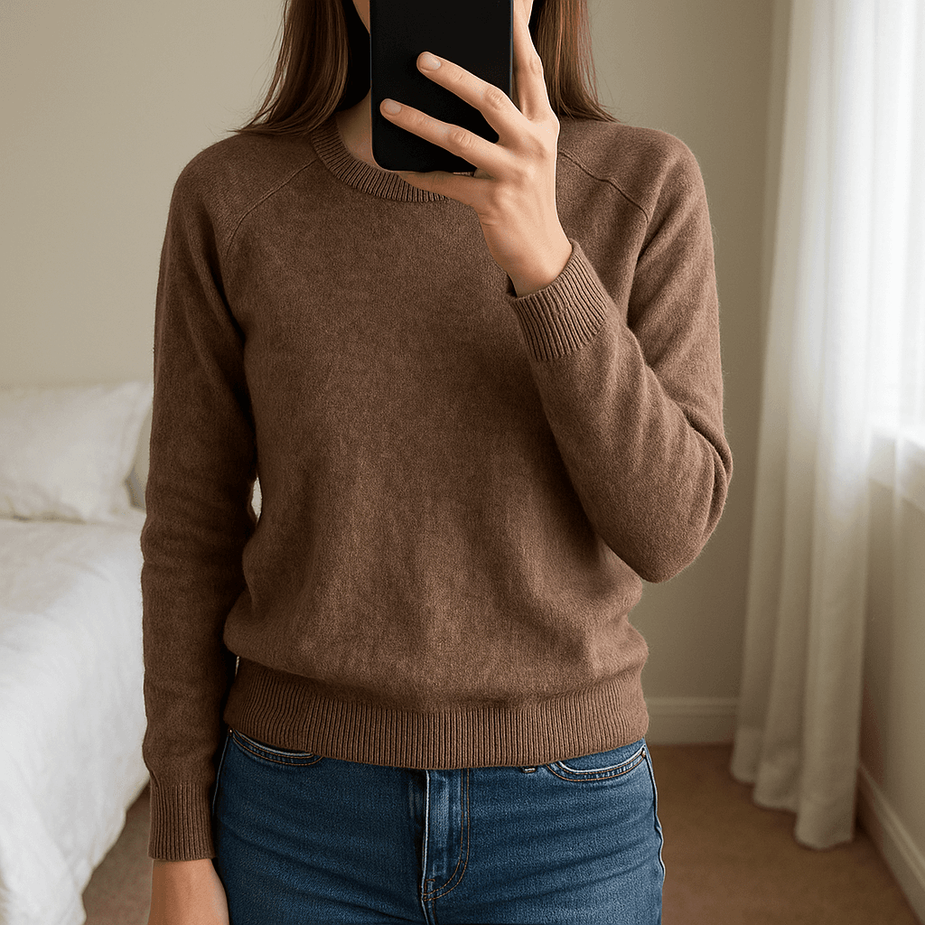 Une personne en Pull en laine taupe Zara taille S debout, face à la caméra, avec une silhouette fine, dans une chambre à la lumière douce, avec une lumière naturelle filtrant par la fenêtre.