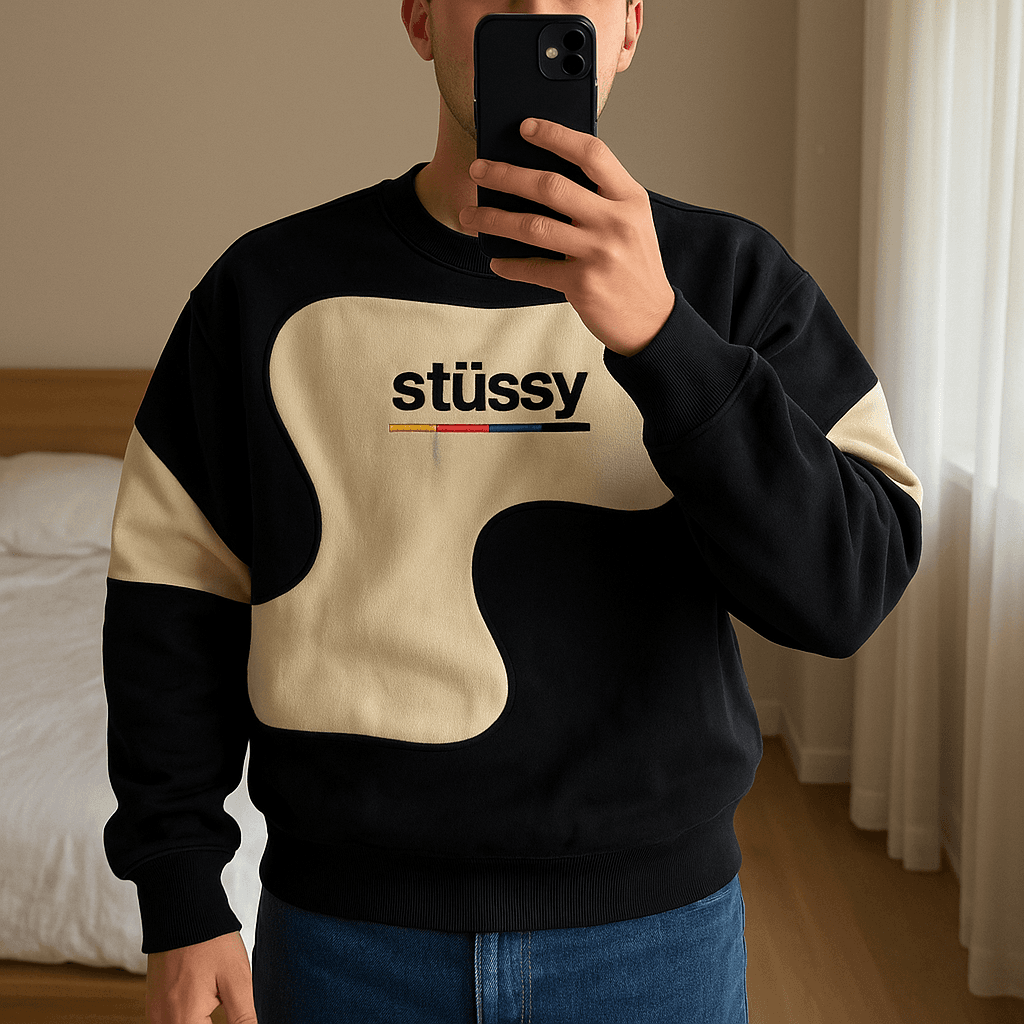 Sweat-shirt Stüssy Noir & Beige avec Big Logo Noir brodé - taille XL debout, face à la caméra, dans une chambre à la lumière douce, avec une lumière naturelle filtrant par la fenêtre.