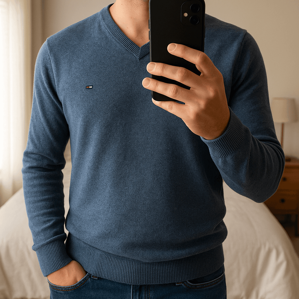 Pull Tommy Hilfiger col V – Homme XL – Bleu marine debout, face à la caméra, dans une chambre à la lumière douce, avec une lumière naturelle filtrant par la fenêtre.