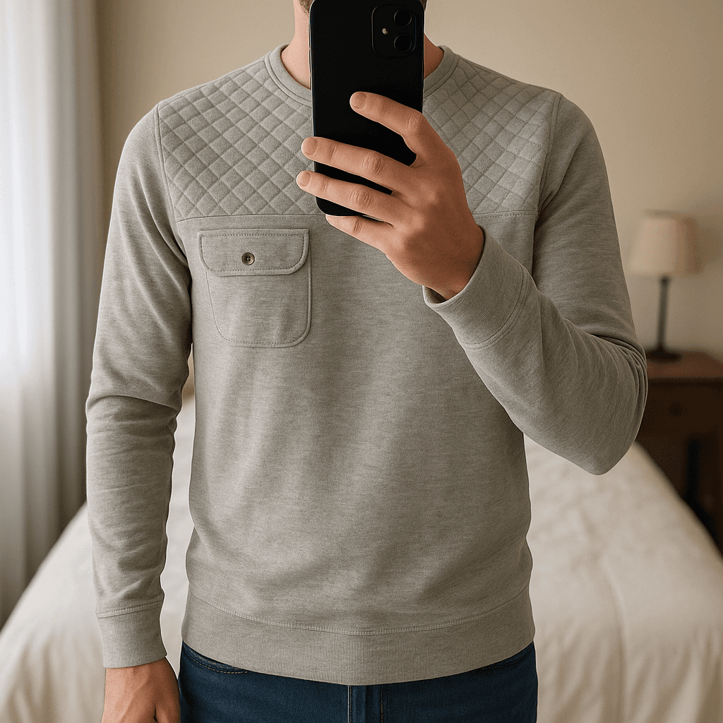 👕 Sweat homme Jules – Taille L – Gris chiné debout, face à la caméra, dans une chambre à la lumière douce, avec une lumière naturelle filtrant par la fenêtre.