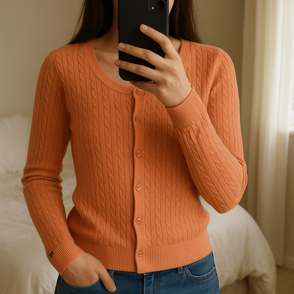 Cardigan Torsadé 100% Pima cotton Tommy Hilfiger Orange XL debout, face à la caméra, dans une chambre à la lumière douce, avec une lumière naturelle filtrant par la fenêtre.