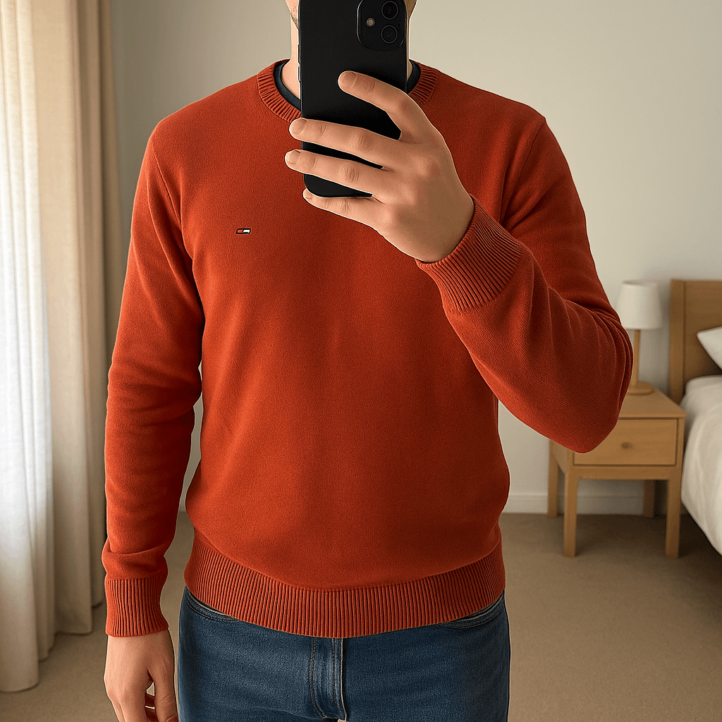 Pull Col Rond 100% Coton Tommy Hilfiger Orange L debout, face à la caméra, dans une chambre à la lumière douce, avec une lumière naturelle filtrant par la fenêtre.
