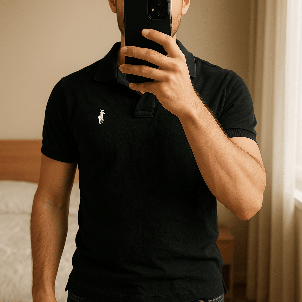 Polo Ralph Lauren noir taille S debout, face à la caméra, dans une chambre à la lumière douce, avec une lumière naturelle filtrant par la fenêtre.