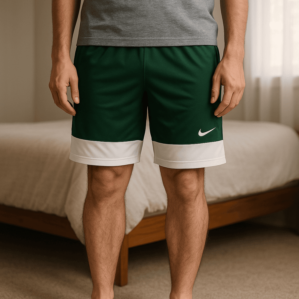 Short de Sport Nike Vert Homme Taille M debout, face à la caméra, dans une chambre à la lumière douce, avec une lumière naturelle filtrant par la fenêtre.