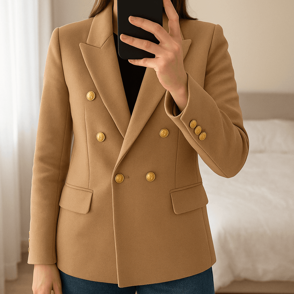 Manteau debout, face à la caméra, dans une chambre à la lumière douce, avec une lumière naturelle filtrant par la fenêtre.