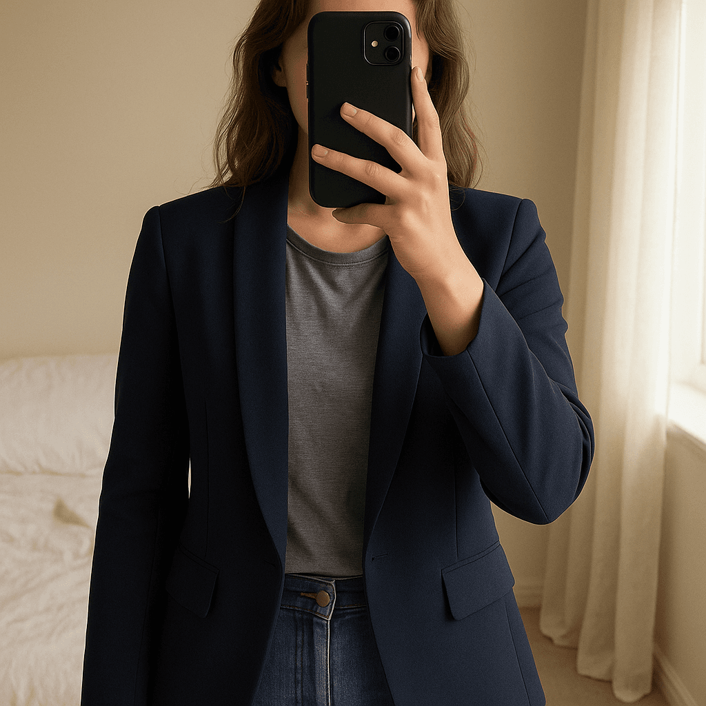 Blazer Adilynn debout, face à la caméra, dans une chambre à la lumière douce, avec une lumière naturelle filtrant par la fenêtre.