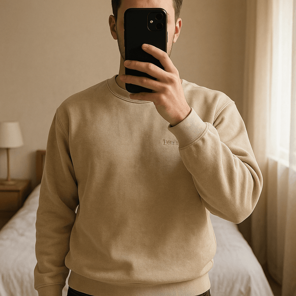 Pull Levi's logo brodé 🍦 debout, face à la caméra, dans une chambre à la lumière douce, avec une lumière naturelle filtrant par la fenêtre.