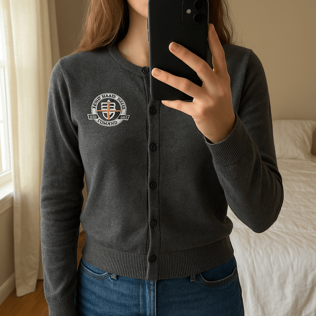 Cardigan Col Rond 100% cotton Tommy Hilfiger Gris XXS debout, face à la caméra, dans une chambre à la lumière douce, avec une lumière naturelle filtrant par la fenêtre.