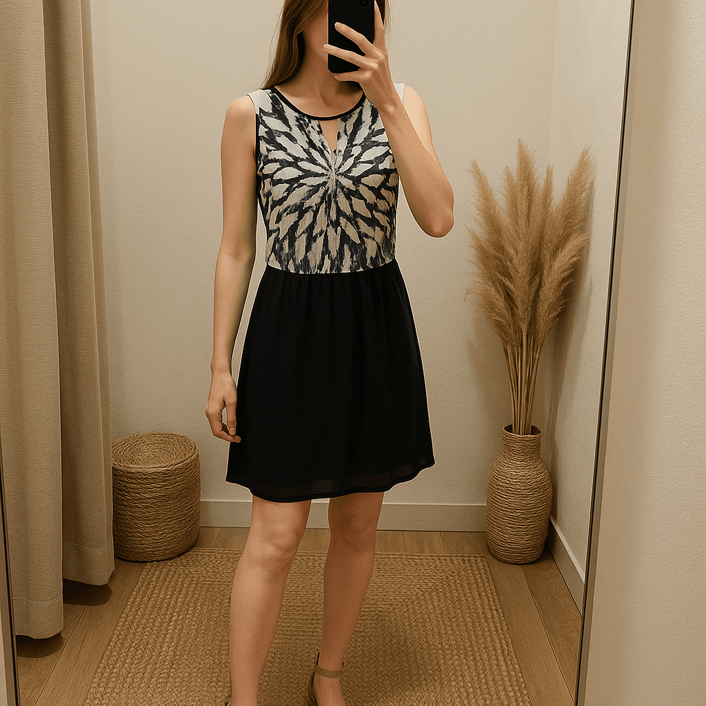 Une personne en Robe trend cambrant légèrement le dos pour une pose dynamique, avec une silhouette fine, dans une cabine d’essayage de style boutique avec un miroir et une décoration neutre.