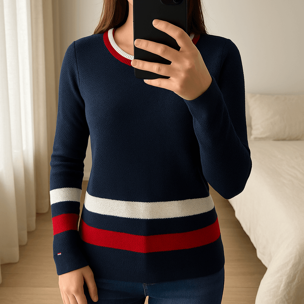 Pull Long Col Rond Tommy Hilfiger 100% coton Bleu Marine S debout, face à la caméra, dans une chambre à la lumière douce, avec une lumière naturelle filtrant par la fenêtre.