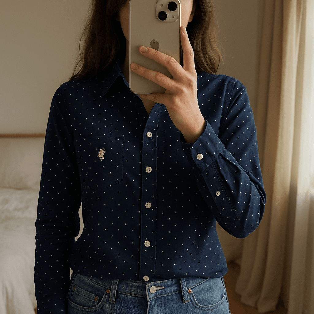 Chemisier femme polo taille M debout, face à la caméra, dans une chambre à la lumière douce, avec une lumière naturelle filtrant par la fenêtre.