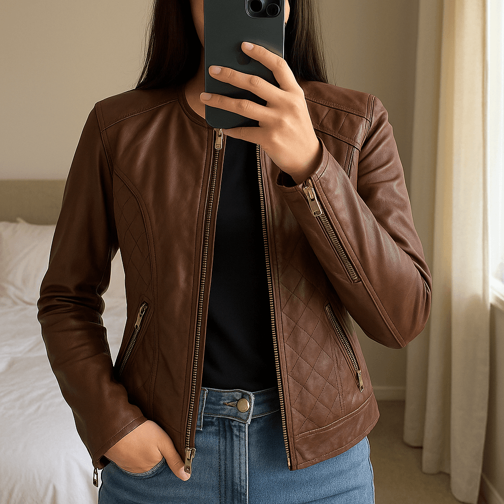 Veste en cuir taille L marron debout, face à la caméra, dans une chambre à la lumière douce, avec une lumière naturelle filtrant par la fenêtre.