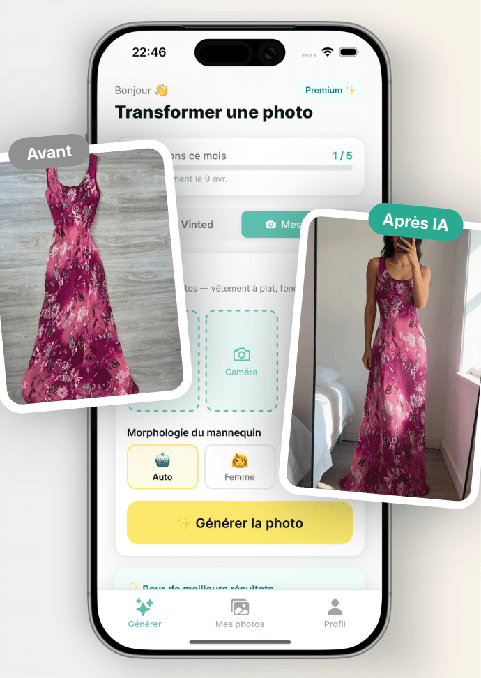 Mobile VintyLook-App im App Store und Google Play verfügbar für KI-Anprobenfotos auf Vinted