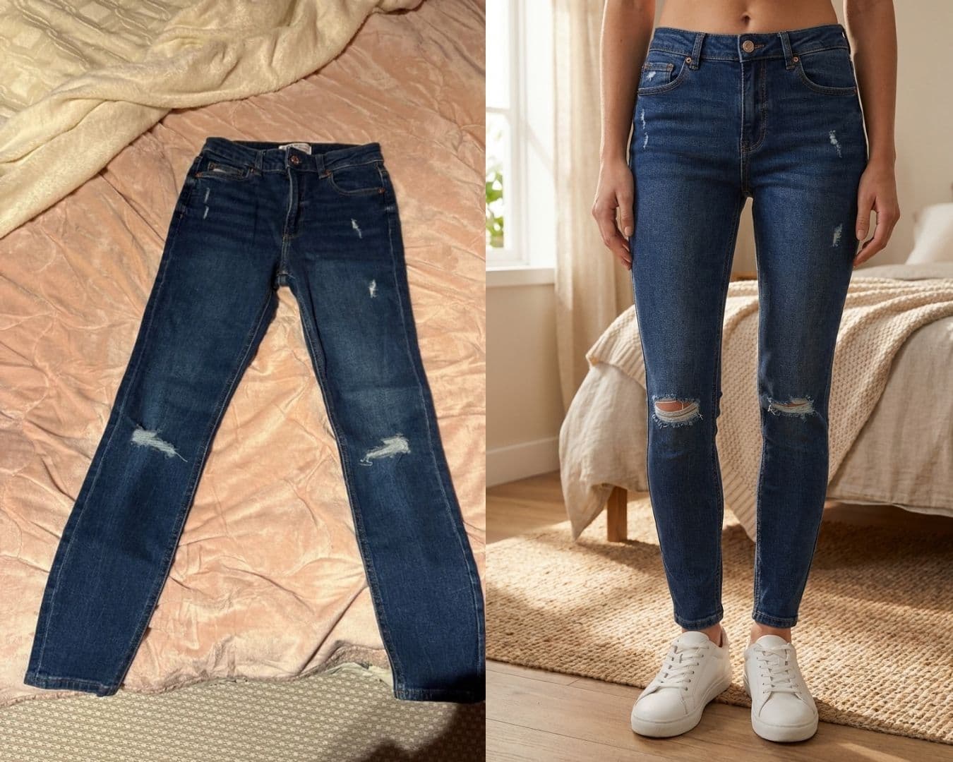 Résultat avant-après VintyLook : photo à plat transformée en photo portée IA pour Vinted