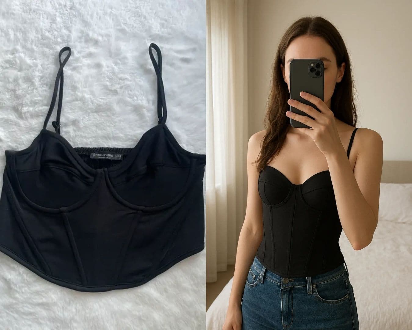 Antes depois VintyLook: transformação de uma foto plana em foto vestida com IA para um anúncio Vinted