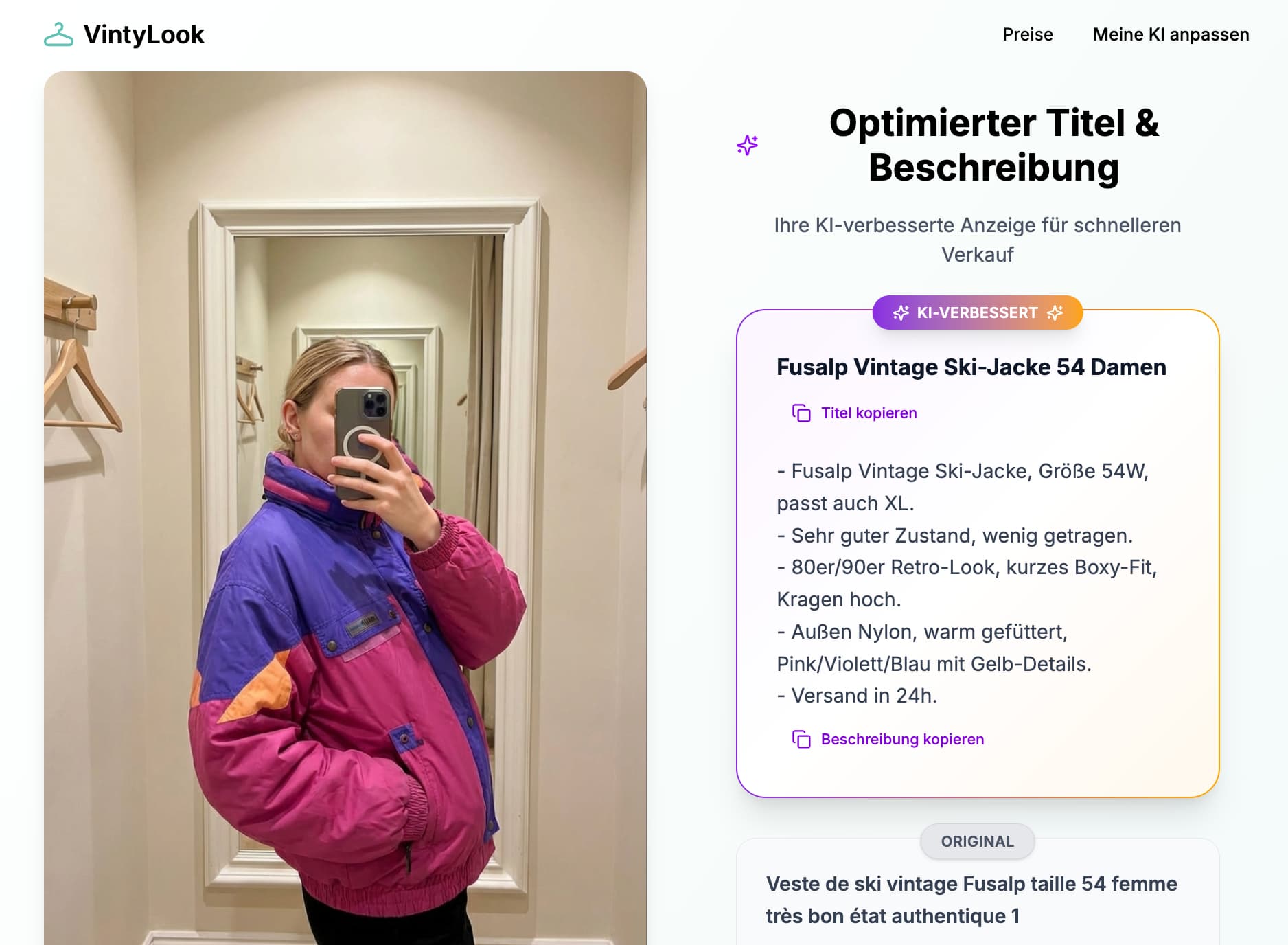 VintyLook optimierte Beschreibungsgenerierungs-Oberfläche