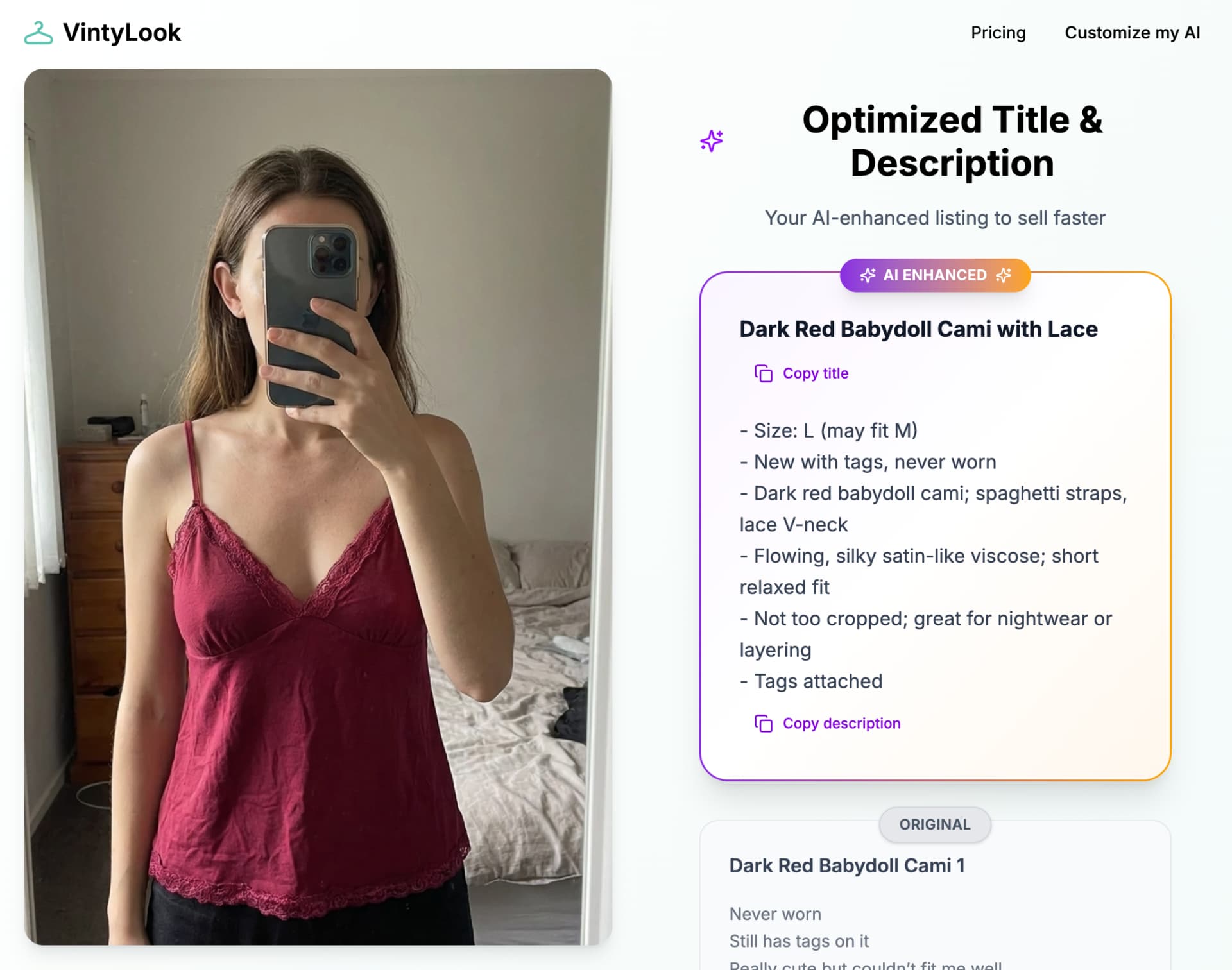 VintyLook optimized description generation interface