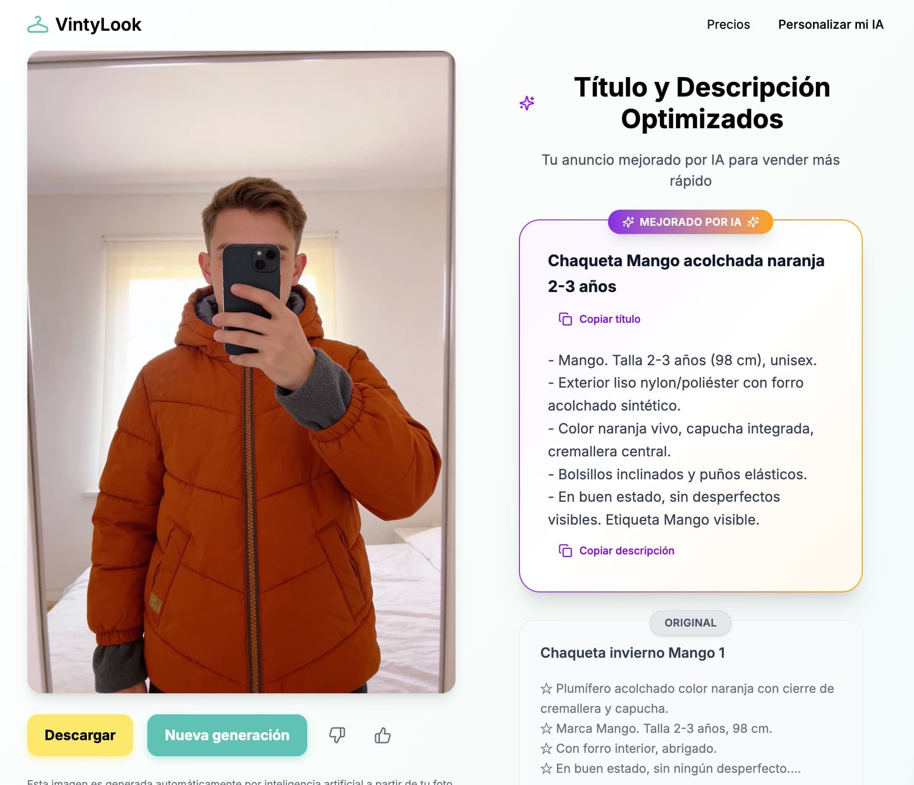 Interfaz de generación de descripción optimizada con VintyLook